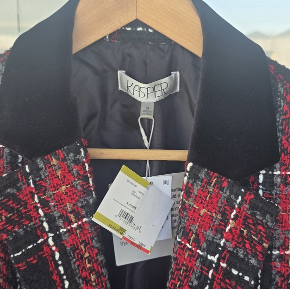 Kasper Plaid Tweed Blazer Jacket Sz 14 Women Red Black Velvet Collar Trim New - Picture 12 of 15